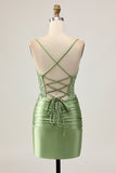 Sage Green Corset Satin Tight Mini Prom Dress with Appliques