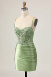 Bodycon Sequins Ruched Sage Green Short Prom Dress
