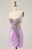 Sparkly Grey Green Bodycon Strapless Short Prom Dress with Lace Up Back