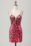 Sequin Fuchsia Spaghetti Straps Tight Short Prom Dress with Slit