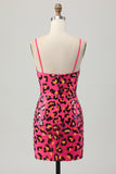 Sequin Fuchsia Spaghetti Straps Tight Short Prom Dress with Slit