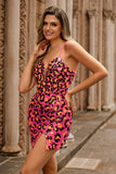 Sequin Fuchsia Spaghetti Straps Tight Short Prom Dress with Slit