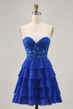 Strapless A-Line Tiered Corset Royal Blue Short Prom Dress with Beading