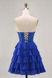 Strapless A-Line Tiered Corset Royal Blue Short Prom Dress with Beading