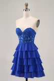 Strapless A-Line Tiered Corset Royal Blue Short Prom Dress with Beading