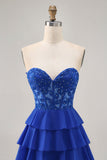 Strapless A-Line Tiered Corset Royal Blue Short Prom Dress with Beading