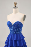 Strapless A-Line Tiered Corset Royal Blue Short Prom Dress with Beading