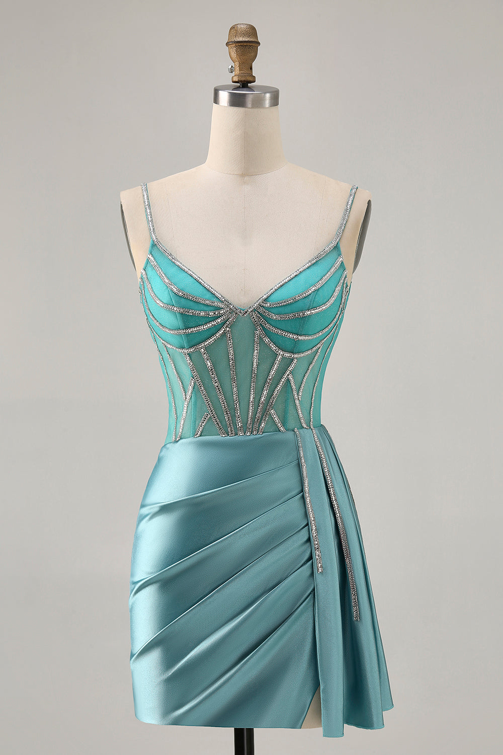 WEDTREND Women Sparkly Green Satin Short Prom Dress with Streamer Bodycon Spaghetti Straps Beaded Cocktail Dress Wedtrend UK WEDTREND Women Sparkly Green Satin Short Prom Dress with Streamer Bodycon Spaghetti Straps Beaded Cocktail Dress Wedtrend UK