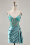 Sparkly Green Satin Bodycon Beaded Short Prom Dress with Streamer
