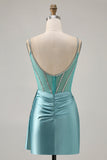 Sparkly Green Satin Bodycon Beaded Short Prom Dress with Streamer