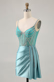 Sparkly Green Satin Bodycon Beaded Short Prom Dress with Streamer