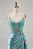 Sparkly Green Satin Bodycon Beaded Short Prom Dress with Streamer