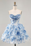 White Blue Flower A-Line Strapless Sequins Printed Short Prom Dress
