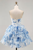 White Blue Flower A-Line Strapless Sequins Printed Short Prom Dress