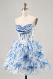 White Blue Flower A-Line Strapless Sequins Printed Short Prom Dress