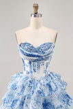 White Blue Flower A-Line Strapless Sequins Printed Short Prom Dress