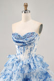 White Blue Flower A-Line Strapless Sequins Printed Short Prom Dress