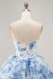 White Blue Flower A-Line Strapless Sequins Printed Short Prom Dress