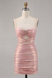 Blush Cut Out Ruched Tight Glitter Short Graduation Dress