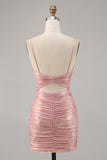 Blush Cut Out Ruched Tight Glitter Short Graduation Dress