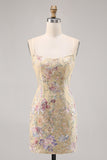 Apricot Bodycon Sequins Short Prom Dress with Embroidery
