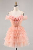 Blush A Line Cold Shoulder Tiered Short Prom Dress with 3D Flowers