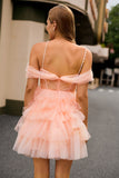 Blush A Line Cold Shoulder Tiered Short Prom Dress with 3D Flowers