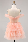 Blush A Line Cold Shoulder Tiered Short Prom Dress with 3D Flowers
