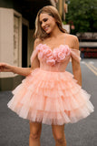 Blush A Line Cold Shoulder Tiered Short Prom Dress with 3D Flowers