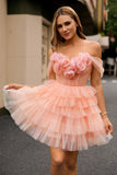 Blush A Line Cold Shoulder Tiered Short Prom Dress with 3D Flowers