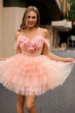 Blush A Line Cold Shoulder Tiered Short Prom Dress with 3D Flowers