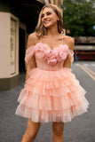 Blush A Line Cold Shoulder Tiered Short Prom Dress with 3D Flowers