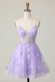Sparkly Purple A-Line Short Prom Dress with Appliques