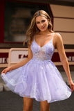 Sparkly Purple A-Line Short Prom Dress with Appliques