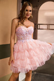 Pink A Line Corset Tiered Short Prom Dress with Sequins