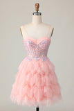 Pink A Line Corset Tiered Short Prom Dress with Sequins