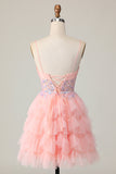 Pink A Line Corset Tiered Short Prom Dress with Sequins