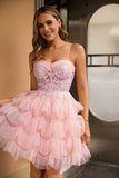 Pink A Line Corset Tiered Short Prom Dress with Sequins