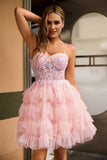 Pink A Line Corset Tiered Short Prom Dress with Sequins