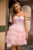 Pink A Line Corset Tiered Short Prom Dress with Sequins