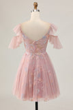 Blush A-Line Cold Shoulder Floral Short Prom Dress with Appliques