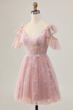 Blush A-Line Cold Shoulder Floral Short Prom Dress with Appliques