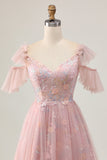 Blush A-Line Cold Shoulder Floral Short Prom Dress with Appliques