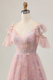 Blush A-Line Cold Shoulder Floral Short Prom Dress with Appliques