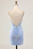 Light Blue Bodycon Floral Sequins Short Prom Dress with Appliques