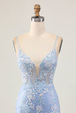 Light Blue Bodycon Floral Sequins Short Prom Dress with Appliques