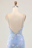 Light Blue Bodycon Floral Sequins Short Prom Dress with Appliques