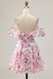 Pink Floral A Line Cold Shoulder Short Prom Dress