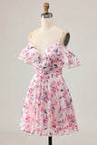Pink Floral A Line Cold Shoulder Short Prom Dress