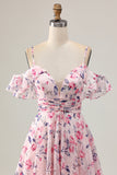 Pink Floral A Line Cold Shoulder Short Prom Dress